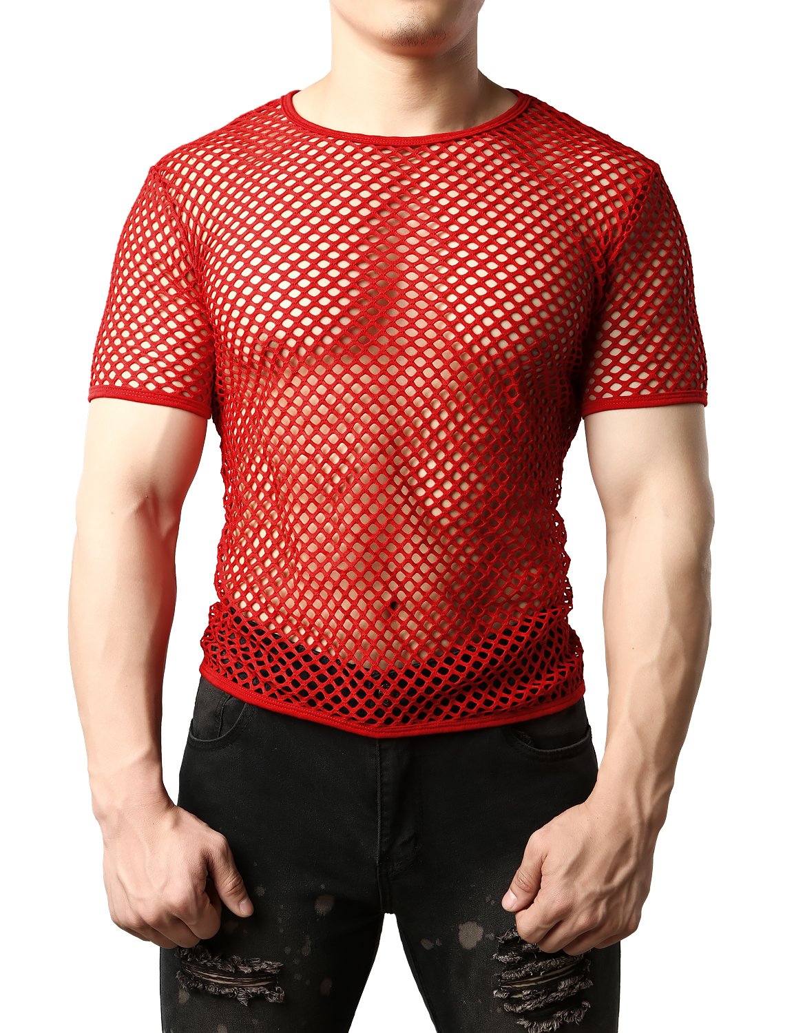 JOGAL Men's Mesh Fishnet Fitted Muscle Top