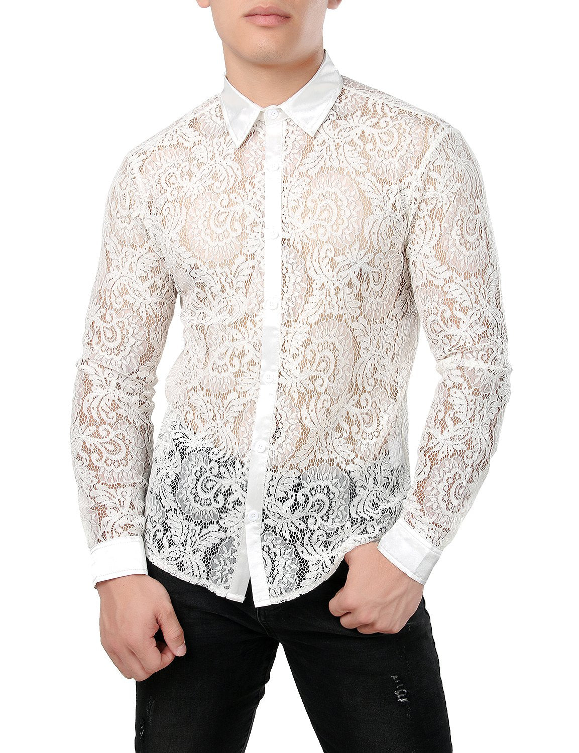 JOGAL Men's Sexy See Through Lace Clubwear Long Sleeve Button Down C