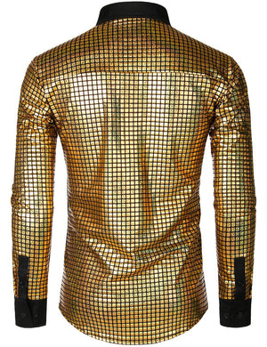 JOGAL Men's Dress Shirt Sequins Button Down Long Sleeve Shirts 70s Disco Party Costume