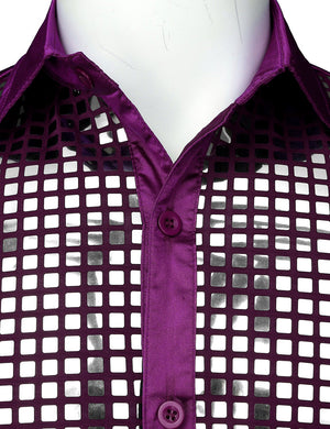JOGAL Mens Dress Shirt Silver Sequins Long Sleeve Button Down 70s Disco Shirt Party Costume
