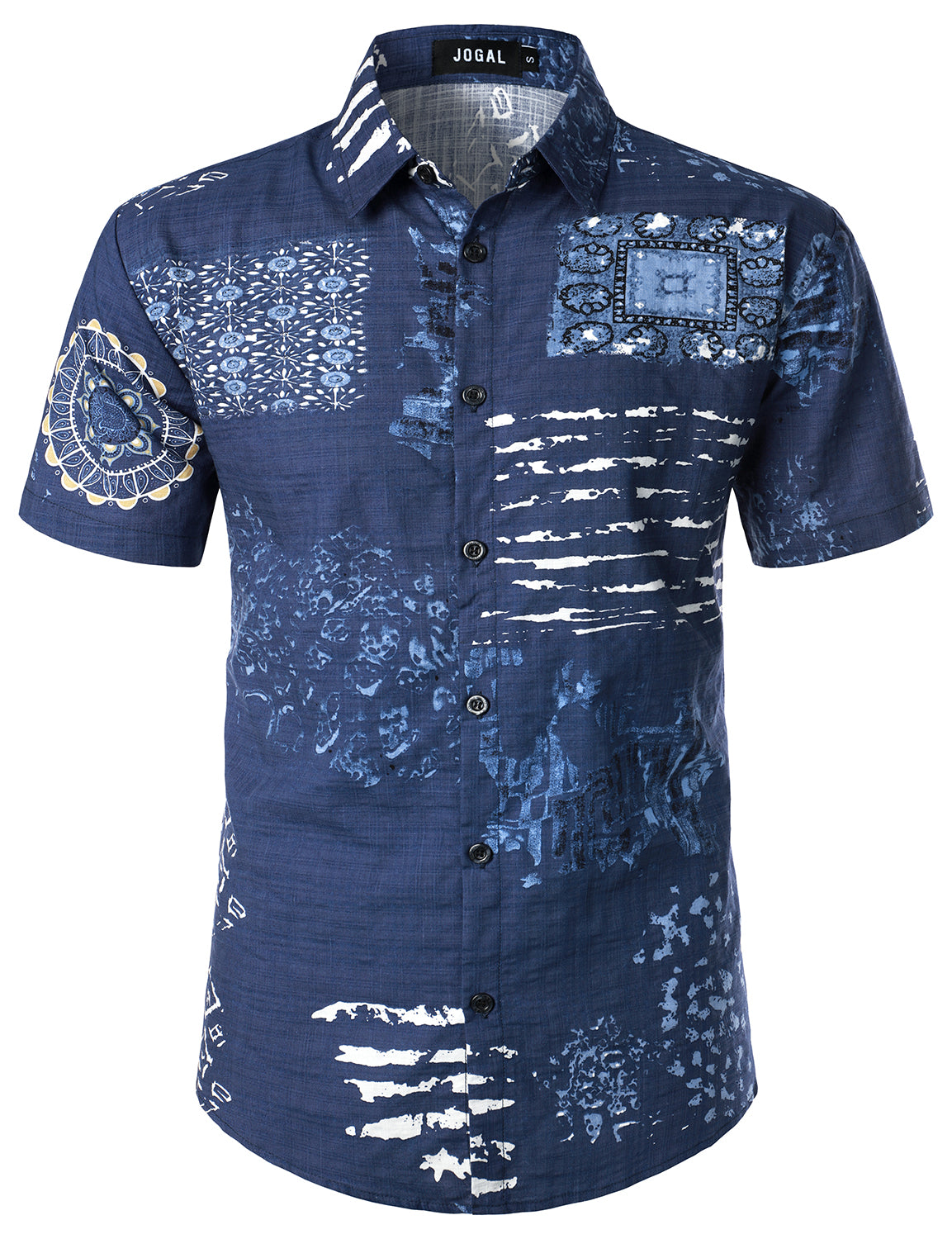 JOGAL Men's Flower Casual Button Down Short Sleeve Hawaiian Shirt(White)
