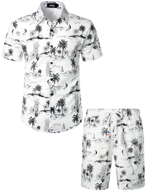 JOGAL Men's Casual Cotton Short Sleeve Button Down Hawaiian Shirt Suits