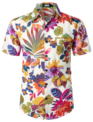 JOGAL Men's Flower Short Sleeve Button Down Hawaiian Shirt