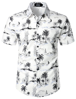JOGAL Men's Flower Cotton Button Down Short Sleeve Hawaiian Shirt（BlueLineFlower）