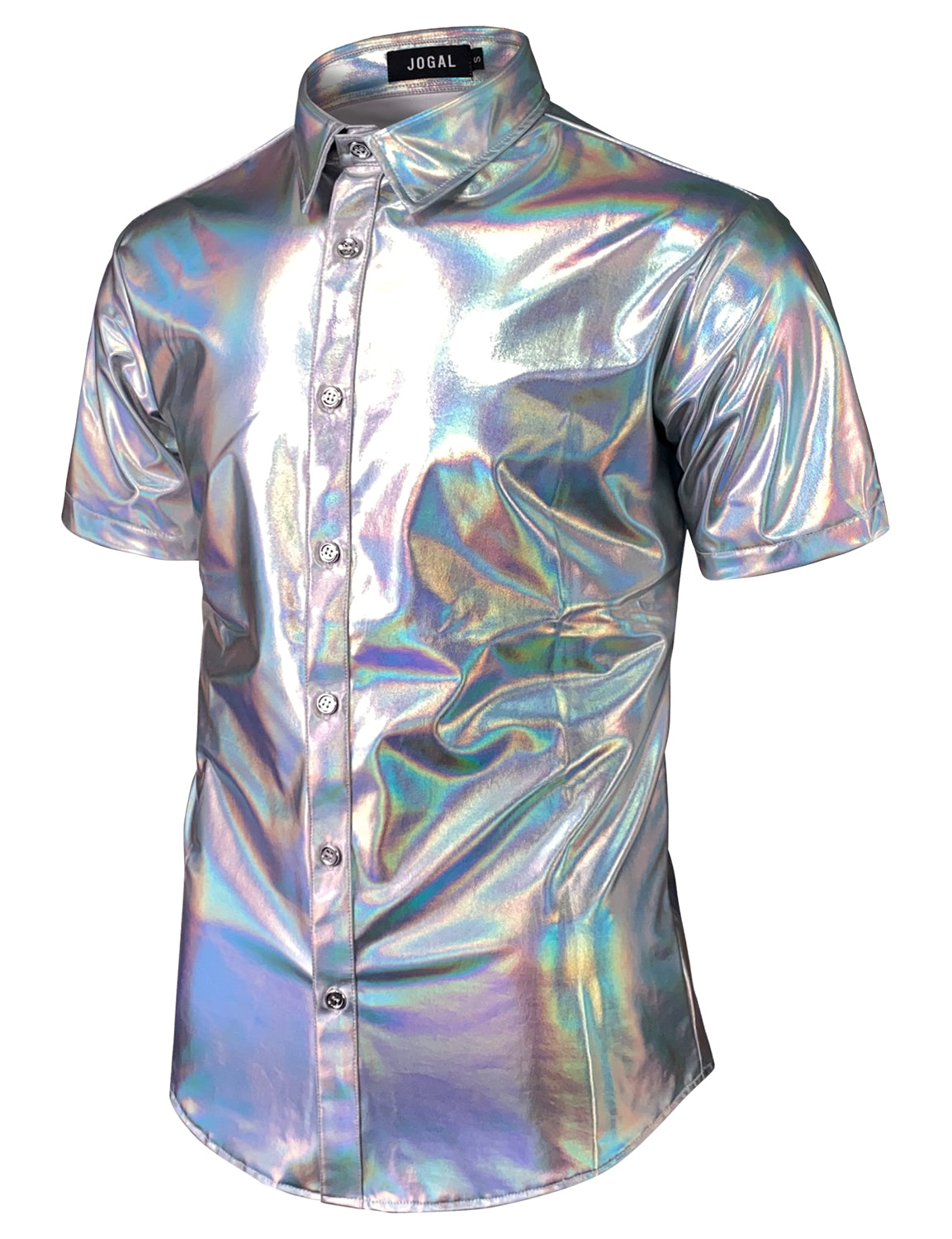JOGAL Mens Metallic Shiny Nightclub Styles Short Sleeves Button Down Dress Shirts