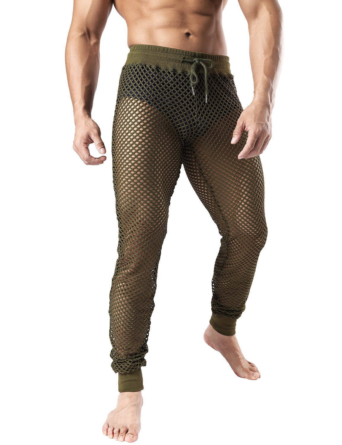 JOGAL Men's Mesh Fishnet See Through Pants Stretchy Muscle Leggings